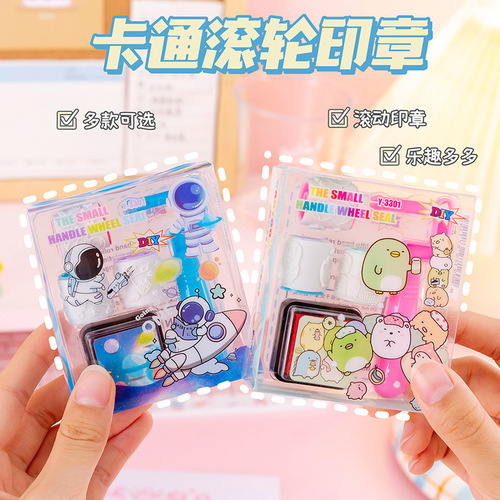 Cute DYI cartoon animal roller seal with ink pad student kindergarten children's prize stationery seal gift