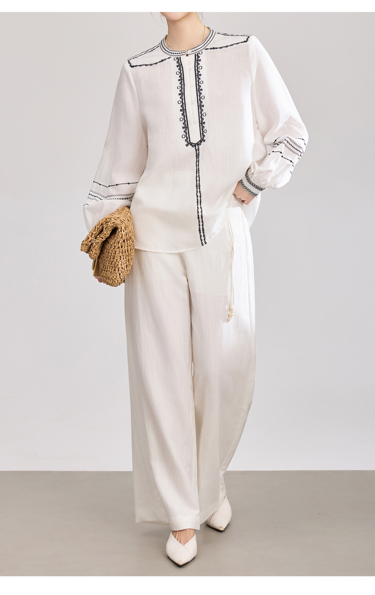 Quần culottes nữ ống rộng chất liệu cotton pha linen mát lạnh — Xanh lông mòng đen chi tiết 25