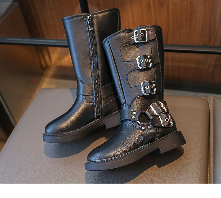 Bottes Martin montantes en cuir noires à fermeture éclair latérale pour filles et garçons de taille moyenne et grande, nouvelle collection automne 2024_voghion.com