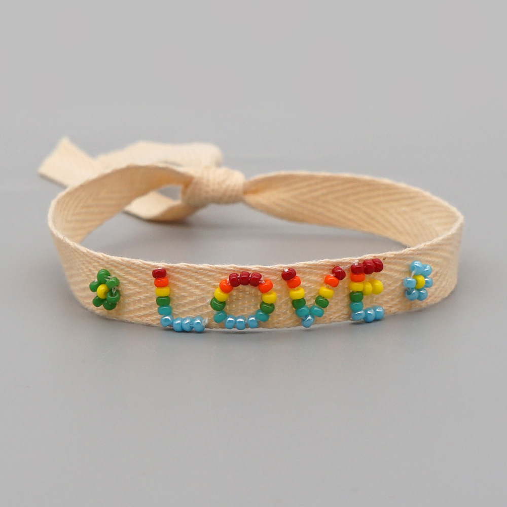 Bohemian Ribbon Rice Bead Woven Rainbow Letter Bracelet