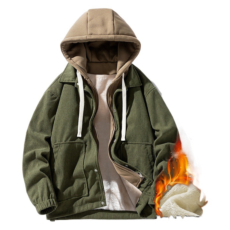 Marca de moda japonesa pareja chaqueta con capucha de pana Otoño e Invierno forro de lana engrosada Hombres estilo Hong Kong falso chaqueta de suéter de dos piezas