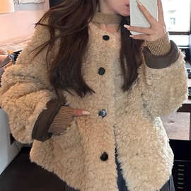 跨境单排扣宽松短款女冬圆领皮毛一体毛毛外套仿皮草贡米色图片黑