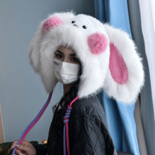 秋冬保暖加绒毛帽子腮红兔耳朵帽子卡通毛绒加厚冬季女可爱雷锋帽