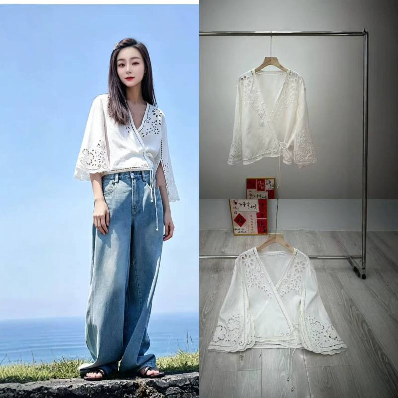 Jimo Manufacturer's Actual Product Photos 05290226 Xia Gaoyuan's Same Style Embroidered Hollow-Edged Loose Shirt Ed