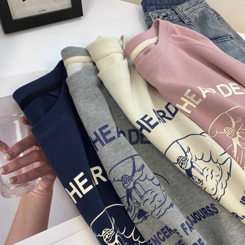 Japanese-style atmosphere early autumn print youthful Korean-style casual sweatshirt for women round neck shoulder-length long sleeves loose tunic top