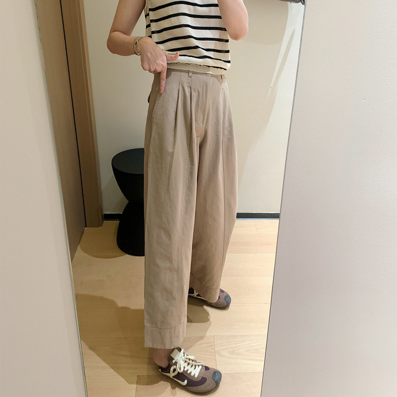 100棉立体双褶宽边九分裤早秋宽松直筒纯色巨显瘦休闲裤|undefined