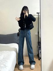 高档黑色小香风粗花呢短外套女秋冬洋气宽松V领复古流苏加厚上衣