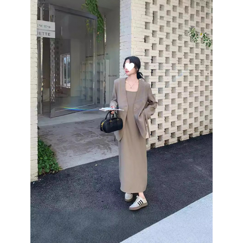韩系气质西装套装裙女2025秋季新款休闲高级感吊带连衣裙子两件套