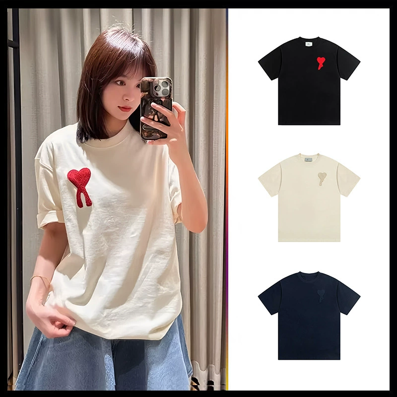 Ami kmns любовь с короткими рукавами 2025 лето новая хлопковая футболка повседневная свободная мужская и женская модель с половиной рукава