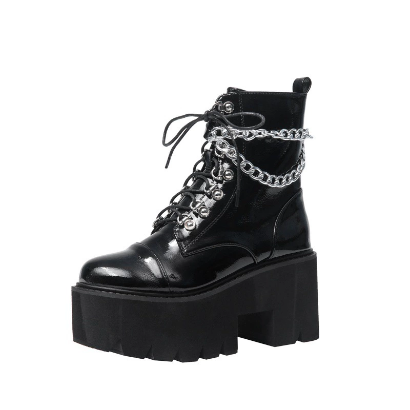 Slope and thick-soled patent leather chain punk short boots female winter 34-43 yards