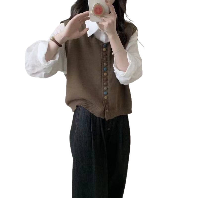 Retro arcoíris botón de cuello redondo chaleco de punto para mujeres 2025 otoño y invierno nuevo plegado para vestir una camisa universal para mujeres image 5