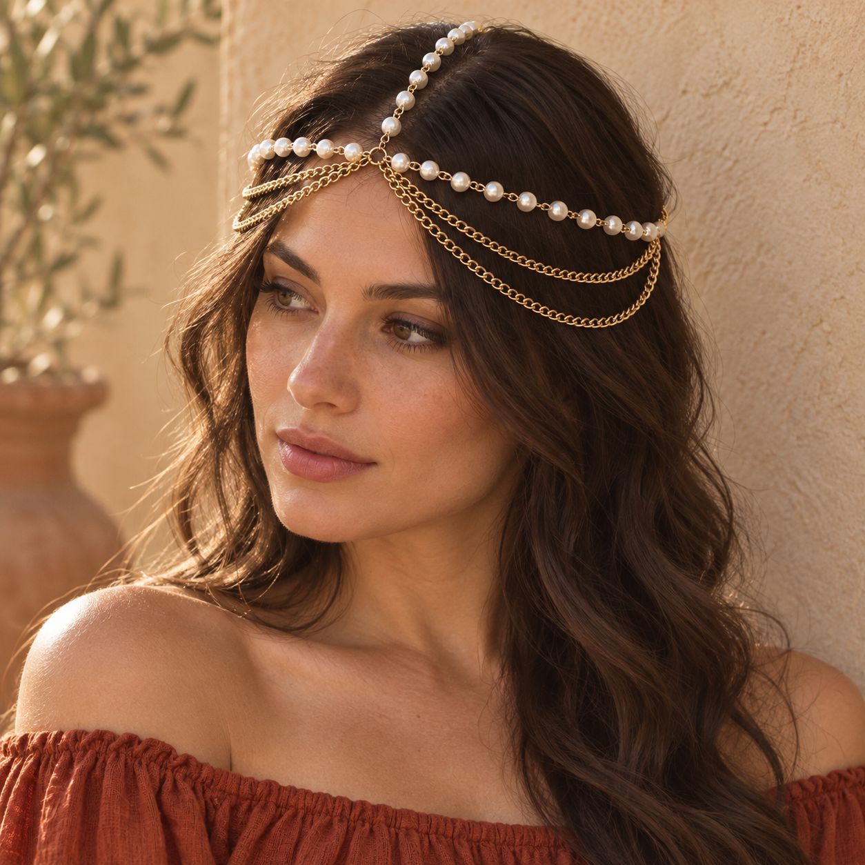 Cross-border vintage pearl headpiece, multi-layer chain hair chain, bohemian bridal headwear for travel photoshoots