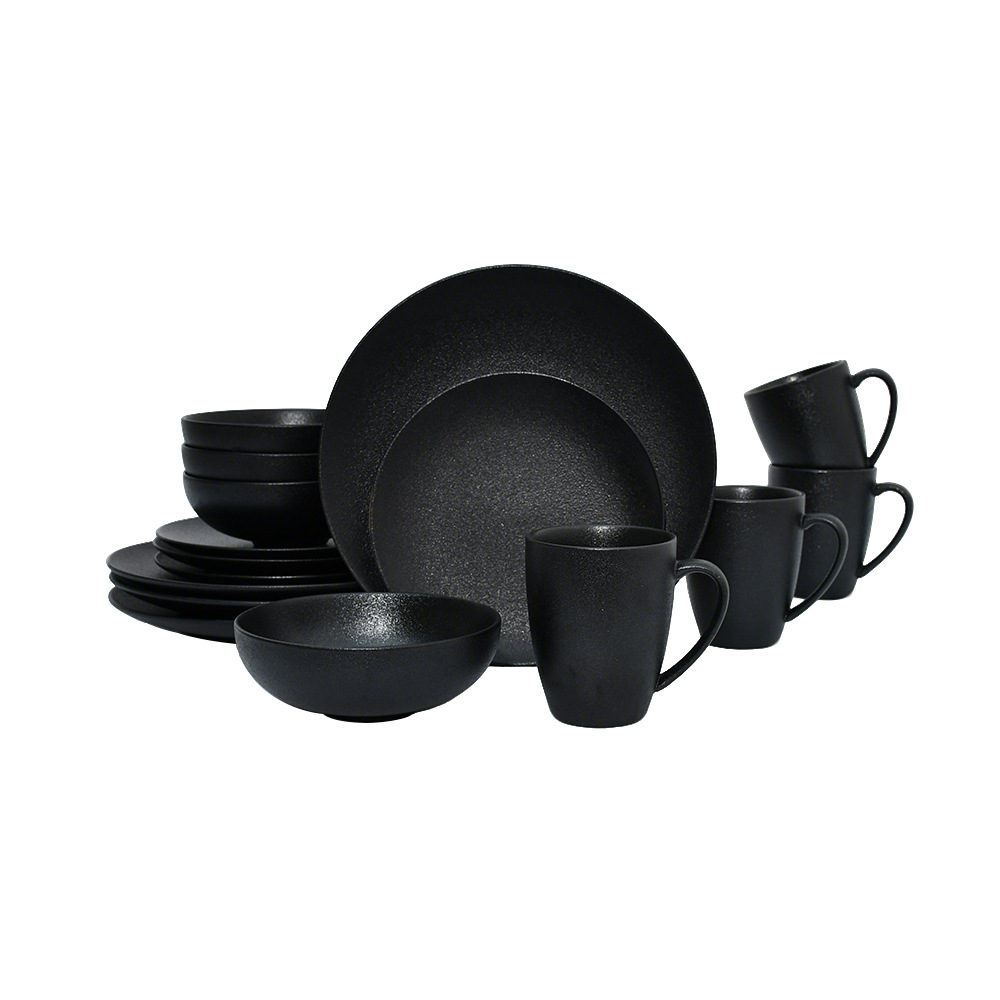 Ceramic black plates bowl dinnerware Set of 4 set de 16 piezas