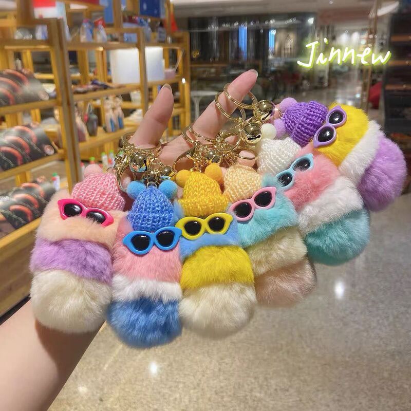 Real Fur Korean Ins Rex Rabbit Fur Cute Caterpillar Bag Pendant Creative Plush Doll Car Keychain Pendant