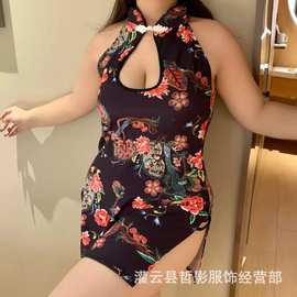 哲影加大码胖妹妹古典风旗袍情趣内衣女诱惑印花小胸显大套装睡衣