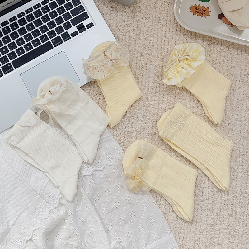 Ballet Style Bow Socks for Women Summer Ins Style Cream Yellow Cute Lace Pile Socks with Small Leather Shoes