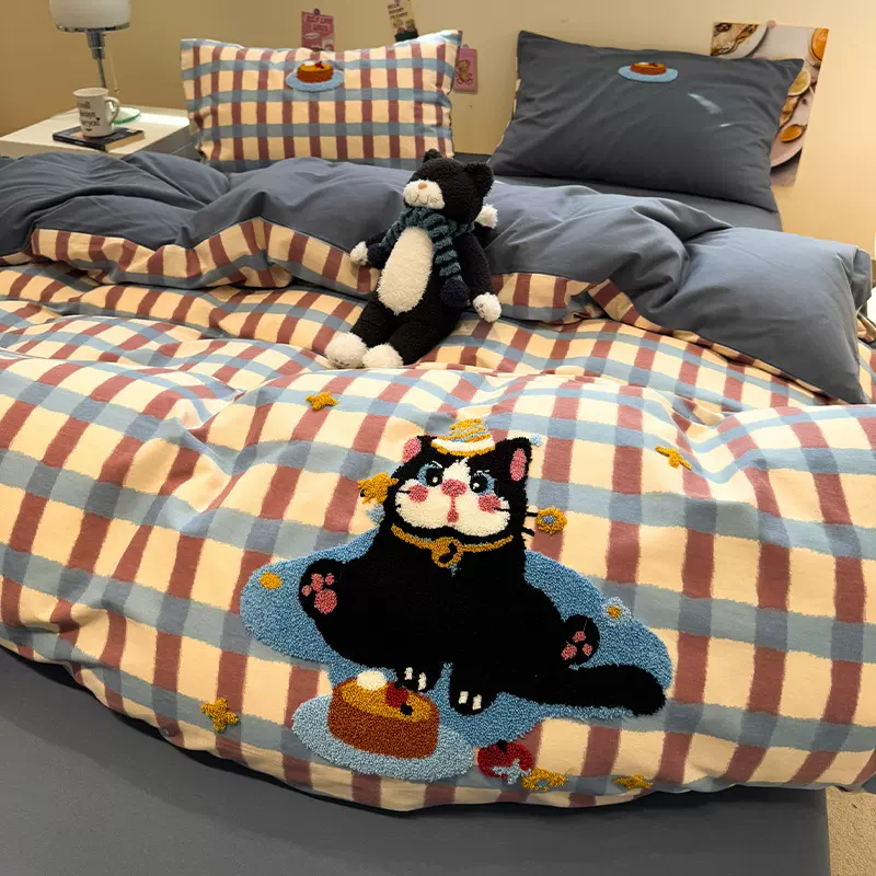 卡通全棉磨毛床上四件套纯棉毛巾绣加厚被罩套学生宿舍床单三件套