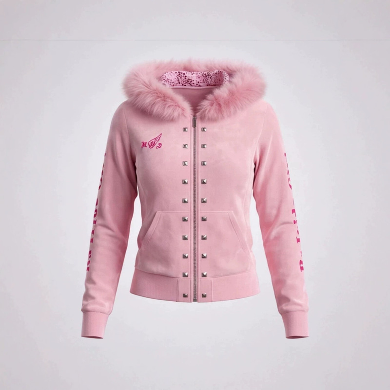[European and American size] Y2K hot girl pink plush hooded jacket, heavy-duty rivet embroidery, zip-up cardigan, slim fit