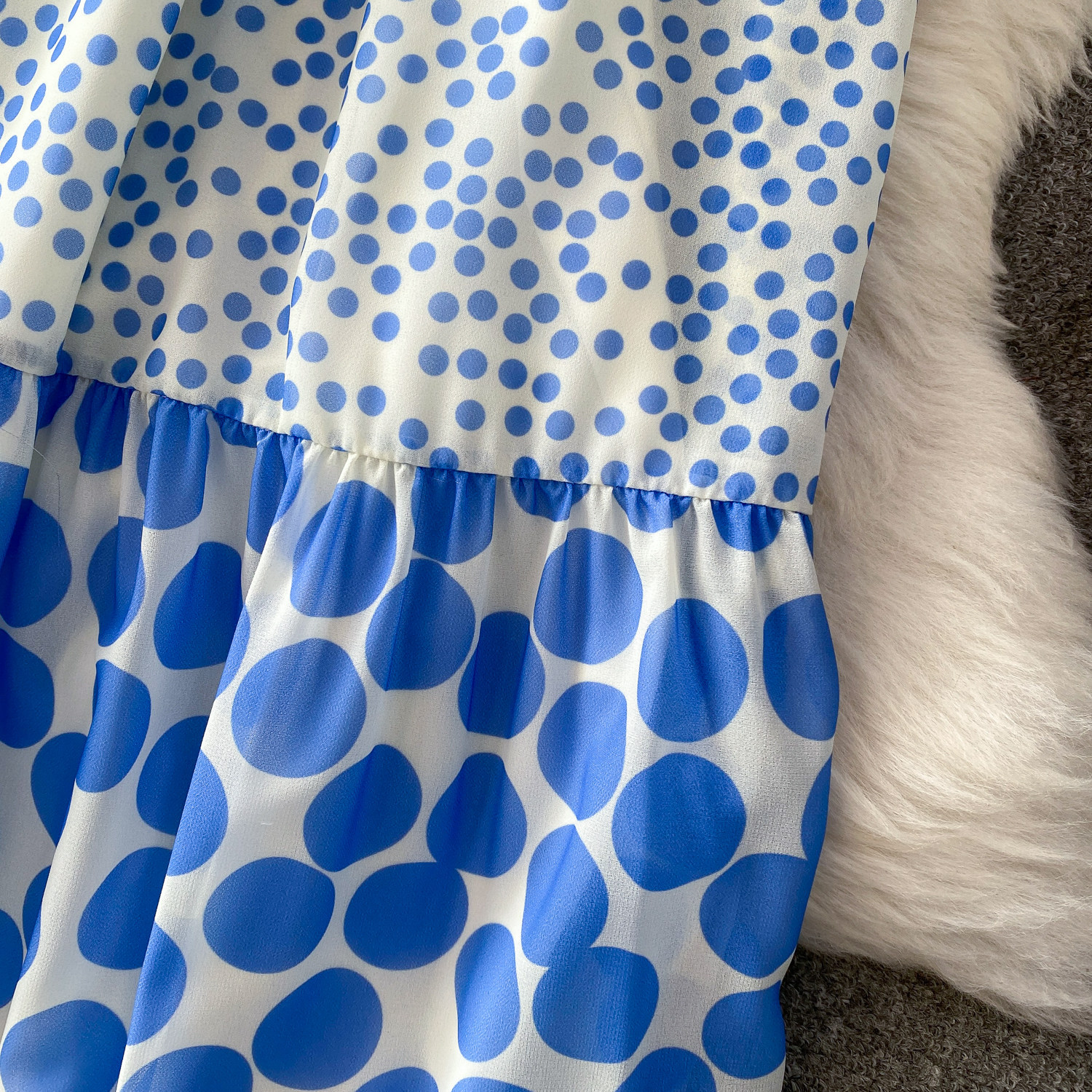 Women's French Style Sweet Polka Dot Patchwork Lace V Neck Dress Summer Flowy Chiffon Maxi Skirt Long Evening Gown_ecoleips.com