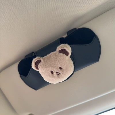 Sun Visor, Sunglasses Clip, Car: Car Glasses Clip/Bill Clip - black-glasses-case-and-leather-case-plush-bear