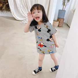 儿童卡通可爱连衣裙2022春夏季女童米奇印花中长款宽松休闲T恤裙
