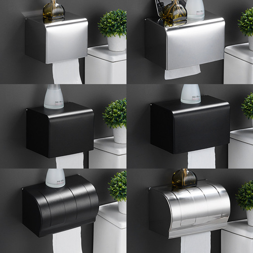 Stainless steel tissue box punch-free black roll paper box bathroom bathroom hotel engineering tissue paper box wall hanging