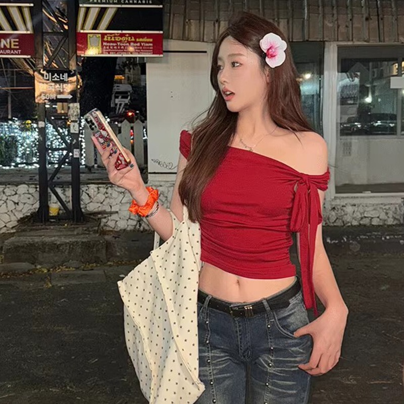 彩棉罗纹 夏季纯欲风一字肩露肩T恤设计感绑带修身短款甜辣|undefined