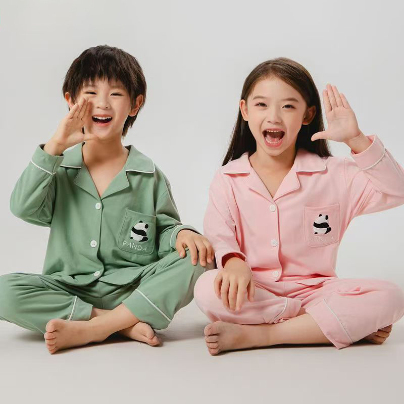 Spring and Autumn Kidsren's Home Clothes Set Kidsren's Pajamas Long-Sleeved A-Type Cotton Youth Intimates Intimates Cardigan Two-Piece Set