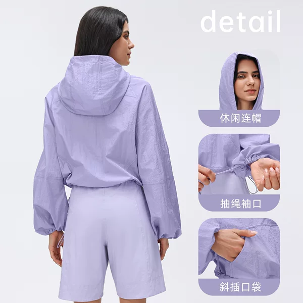 Lulu-style 100% affordable alternative spring-summer hooded jacket for women, water-repellent, short, loose-fitting, outdoor casual sports windbreaker
