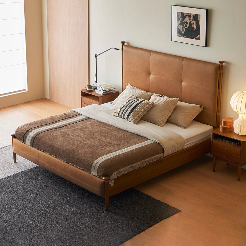 Cama de sicomoro cama de cuero cama principal retro francés primera capa de cuero de vaca madera maciza de lujo ligero cama doble de 1,8*2 m cama de madera maciza