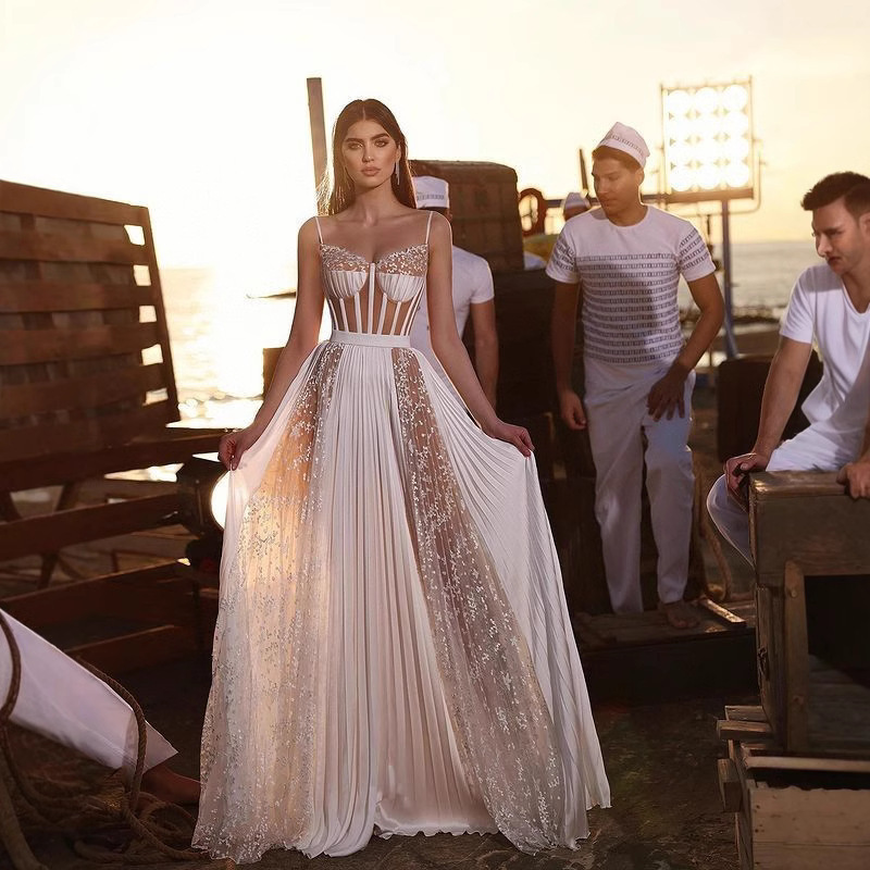 European and American Foreign Trade Sexy V-neck Sling Pleated Stitching Sequin Loosening Long Evening Dress dress