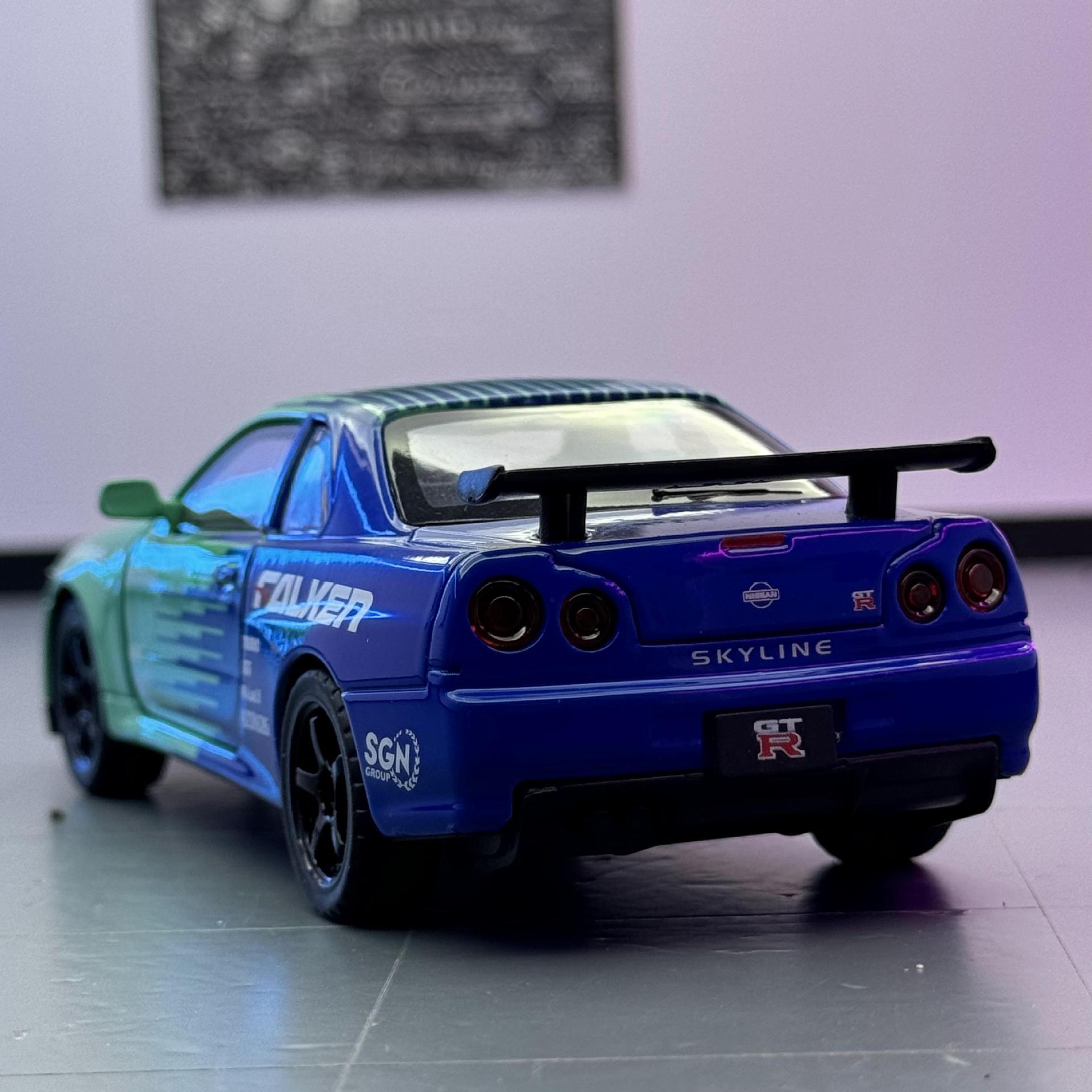 Modelo de coche de aleación Weili 1 a 32 Nissan GTR34 coche deportivo pull flor de sonido luz de retorno coche de juguete modelo de sonido