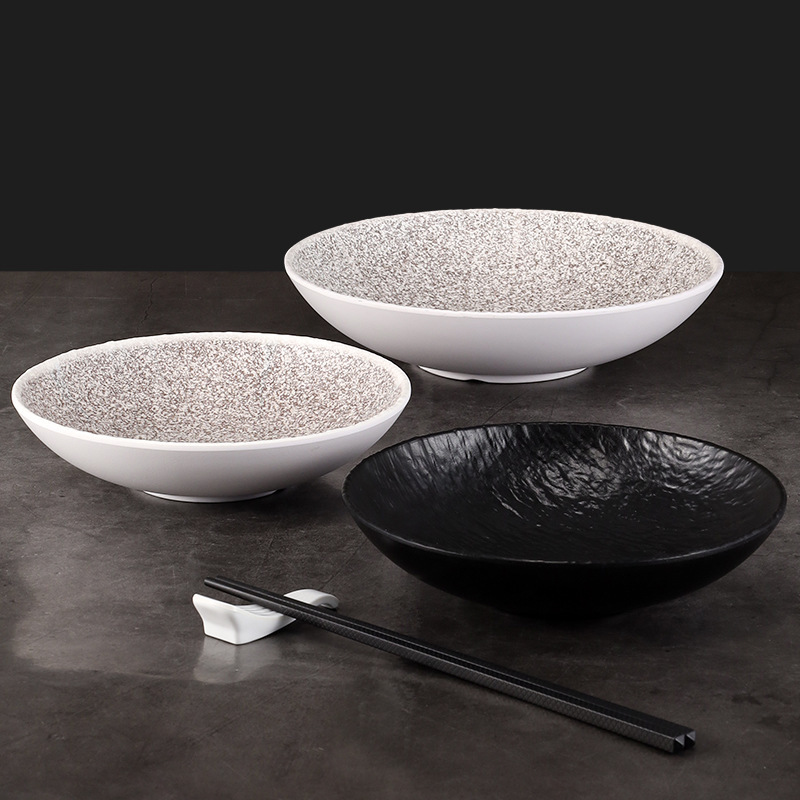 Melamine Large Bowl Japanese-Style Imitation Porcelain Snack Plate Wide-Mouth Shallow Bowl Cold Noodle Mixing Bowl Salad Bowl Plastic Soup Noodle Bowl Commercial Use