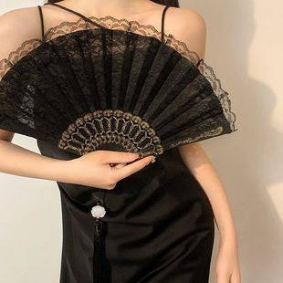 Chinese Retro Style Black and White Lace Fan Tassel Ancient Style Cheongsam Lolita Photo Props Dance Fan Chinese Girl