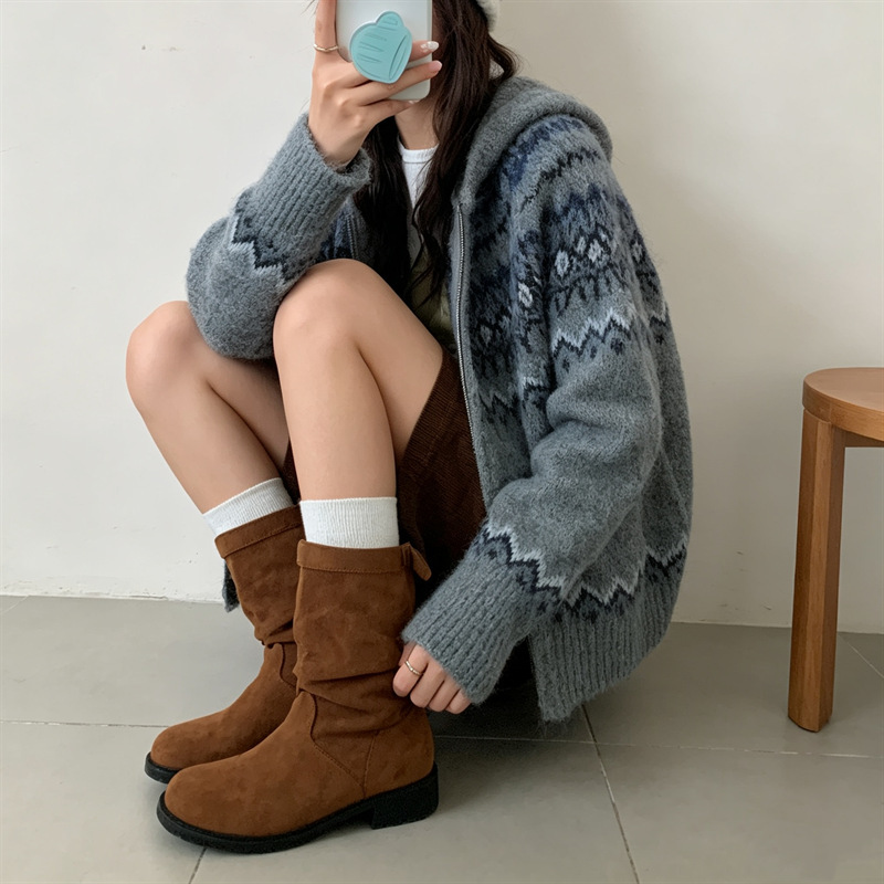 Fair Isle-style hooded zip-up sweater, women's knitted cardigan, jacquard knit, soft and comfortable, slimming effect, retro-style outerwear