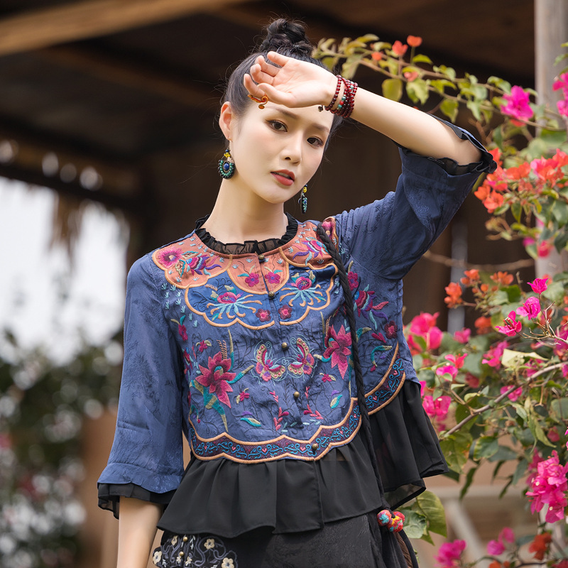 2024년 여름 신상 여성복 레트로 에스닉 스타일 헤비 패치워크 자수 가디건 쉬폰 스플라이싱 슬리밍 탑 여성용