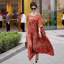 高品质舒适透气大码遮肚减龄中年女桑蚕丝连衣裙宽松气质时尚优雅