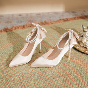 Heart blue stiletto heel pointed toe pearl buckle with high heels Lady heel bow satin fabric plus size wide
