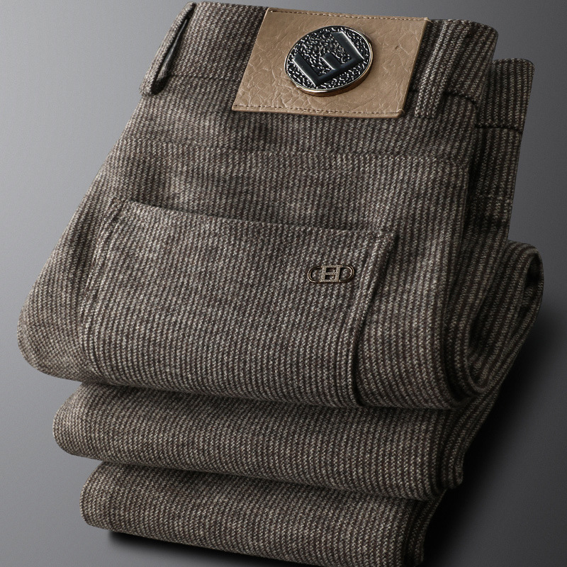 轻奢咖啡色毛呢裤子男修身休闲裤秋冬季厚款加绒男士小直筒商务裤