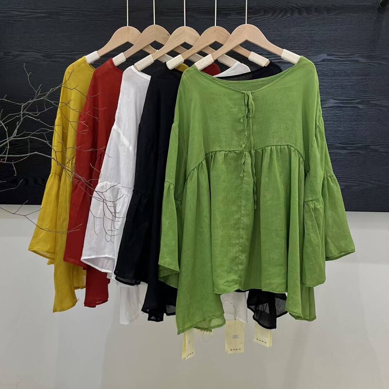 2025 Summer Emerald Green Breathable Flowing Shirt Anti-Sun Lotus Leaf Sleeve Multi-Pleated Big Swing Babydoll Shirt for Women 2025 Summer Emerald Green Breathable Flowing Shirt Anti-Sun Lotus Leaf Sleeve Multi-Pleated Big Swing Babydoll Shirt for Women