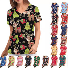 欧美新款护士装圣诞印花衬衫v领短袖打底T恤女装大量现货