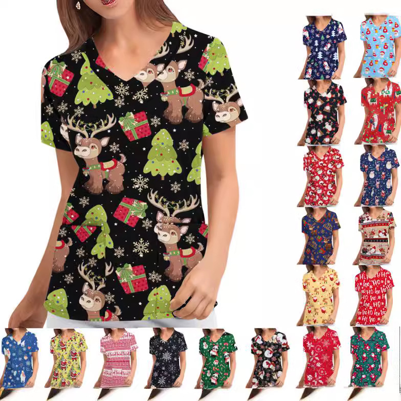Europe and the United States new nurse Christmas printed shirt V-neck short sleeve bottoming T-shirt women's large spot