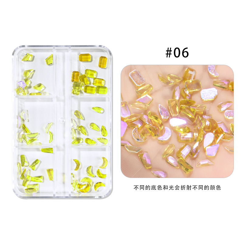 Nail Art Aurora perforación de vidrio 6 grados mezclados fondo plano perforación de forma especial de hielo color fantasma perforación de uñas al por mayor