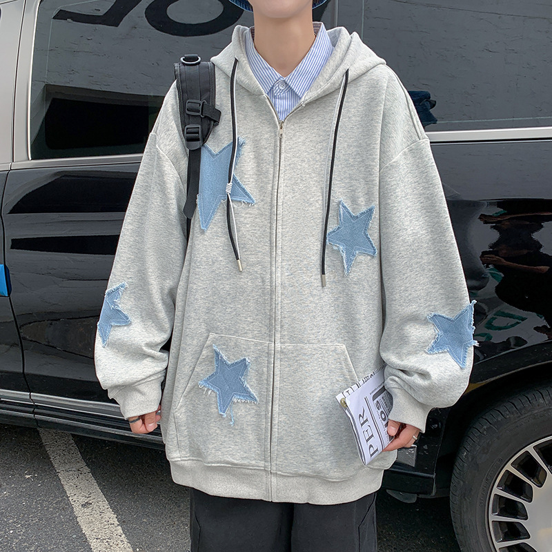 European and American Style Star Patch Couple Sweatshirt Trendy Loose Jacket Hoodie Sports Street Retro Style Wholesale
