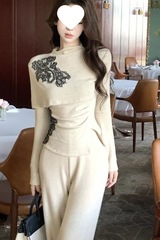 韩版时尚重工撞色刺绣长袖上衣高腰阔腿裤女2025秋季新款甜美套装