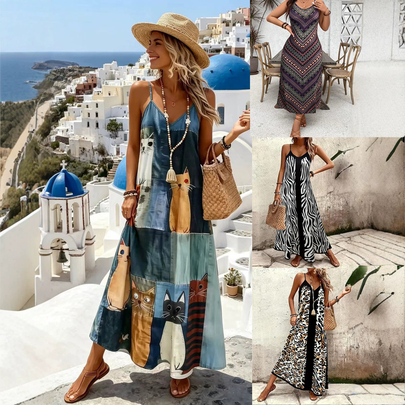 Summer New Women's Bohemian Suspender Dress Geometric Stripes Leopard Print Ethnic Style Cartoon