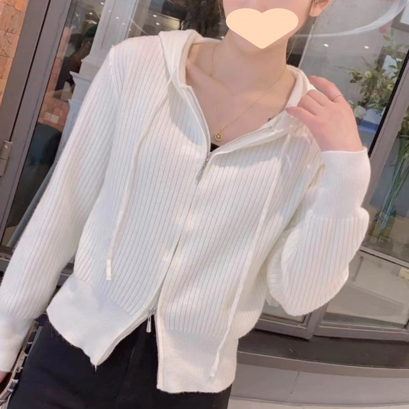 2025新款设计感双拉链宽松显瘦连帽毛衣针织开衫外套女+阔腿裤|undefined