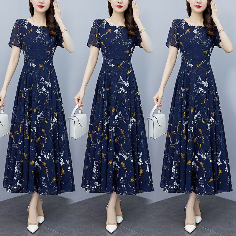 Summer New Fashion Casual Floral Long Dress plus size Women's Clothing Flesh Covering Slimming Age-reducing Printed dress Women Cross-border