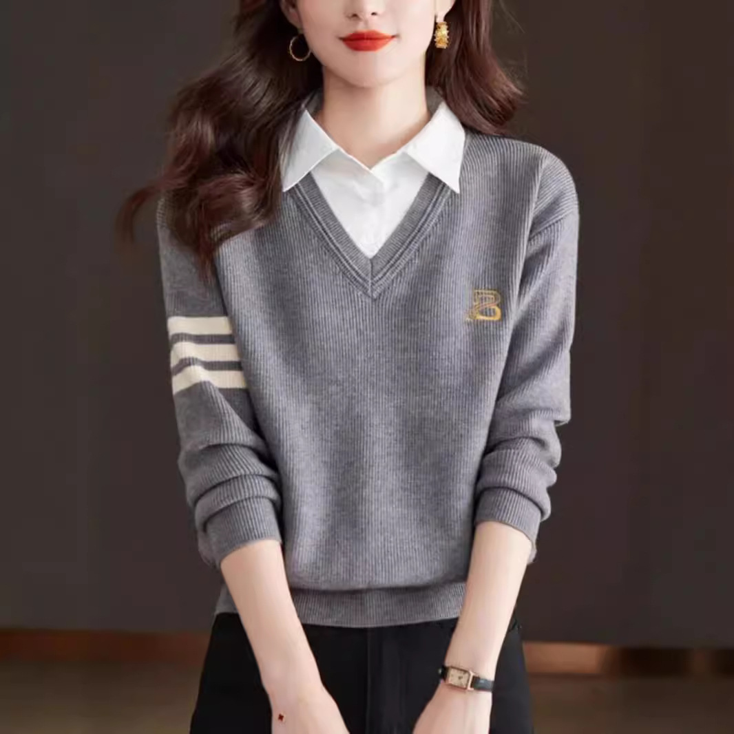 Shirt Collar Knitwear Women's Autum 2024 New Fashion Style Fake Two-Piece Top Small Sweater Bottoming Shirt