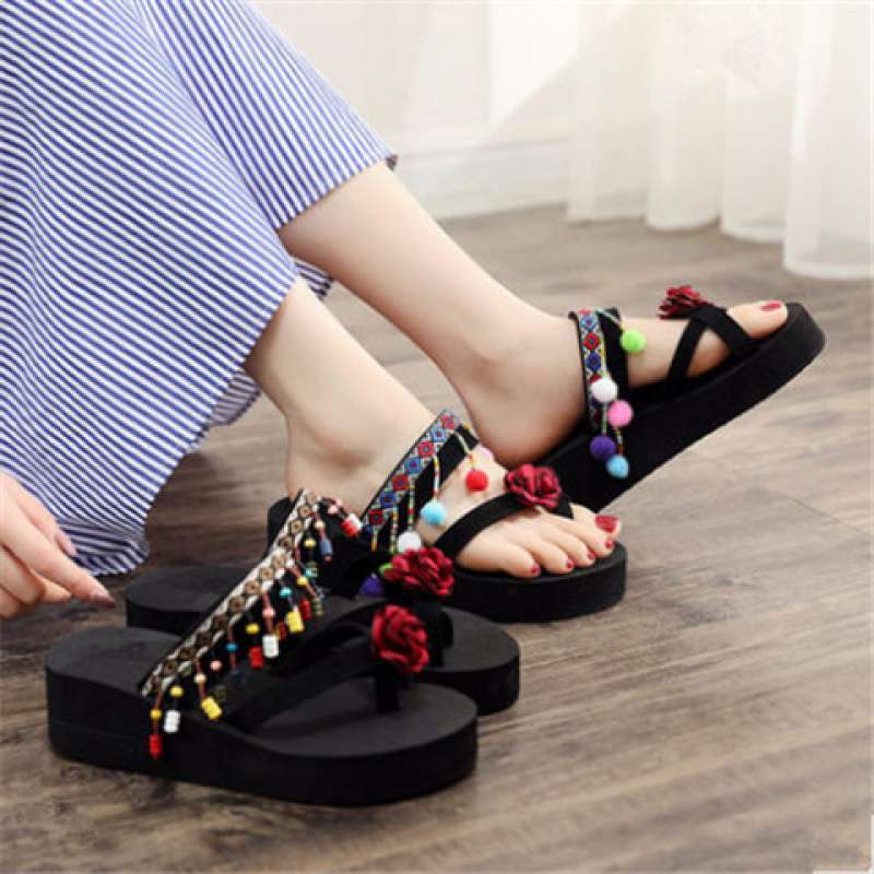 新款高跟拖鞋女夏外穿套脚凉拖民族风复古海边沙滩厚底防滑人字拖